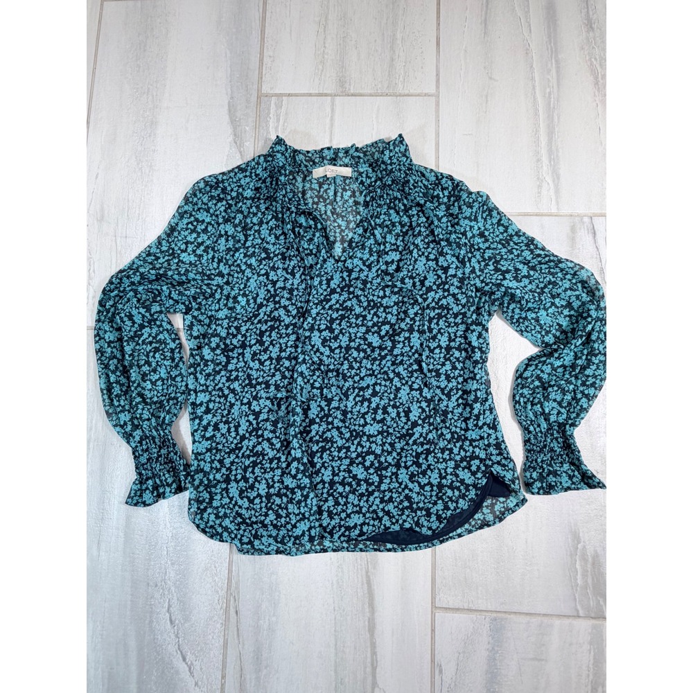 LOFT Womens Teal Navy Floral Ruffle Neck Smocked Cuff Blouse Medium